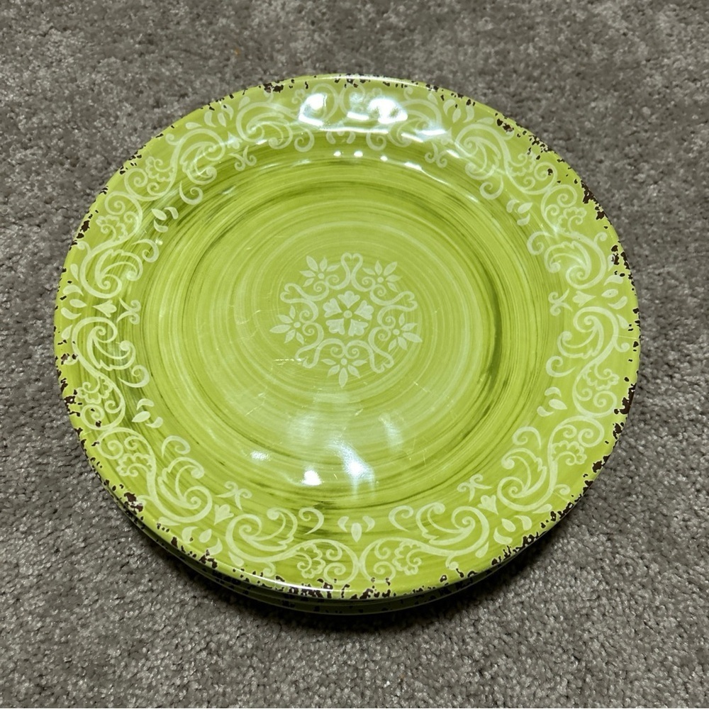 Cynthia Rowley Melamine Dinner Plates Medallion Scroll Lime Green 11” Set Of 6